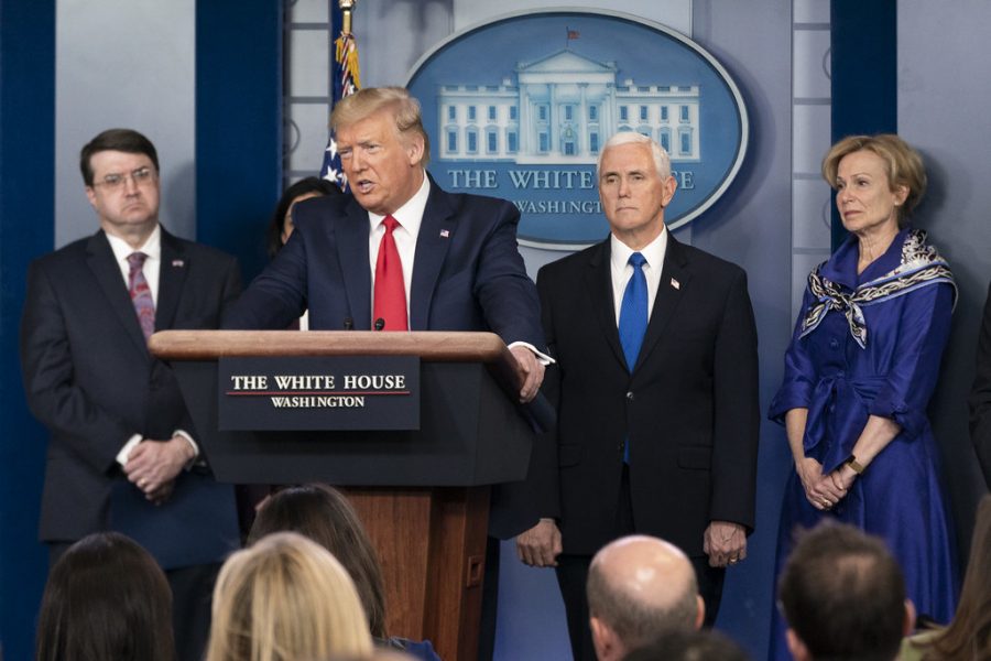 President Trump addresses questions at White House press briefing on March 18, 2020. Photo courtesy of Wikimedia Commons.