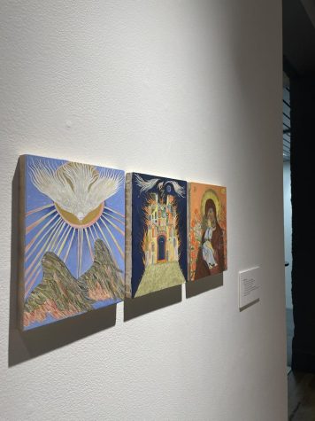 Three of Birdie Halls pieces included in the exhibition, located in the Missoula Art Museums top floor gallery. Photo Courtesy of Ila Bell 