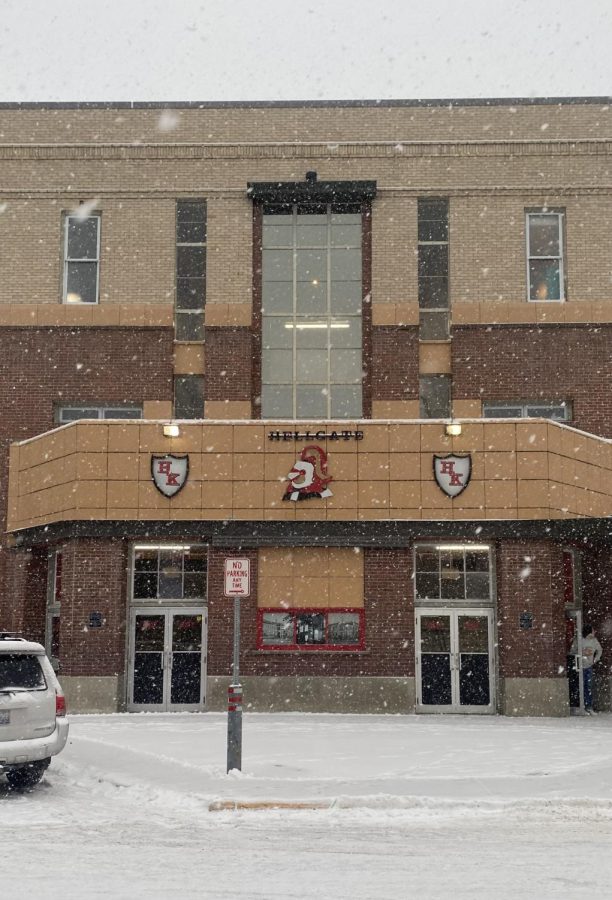 The first winter blizzard in Missoula, pummeling Hellgate High School. Photo by Devyn Deschamps