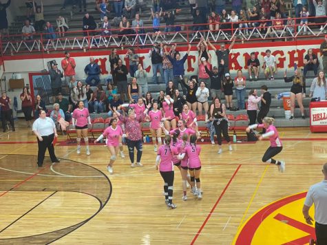 Hellgate celebrates on their home court after beating Missoula Big sky on October 13th 