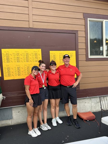 Hellgate girls team (pictured left to right)- Landrie Anderson, Anna Stensrud, Kat Helmer, coach Rob Henthorn. (Not pictured, Presley Clark)
