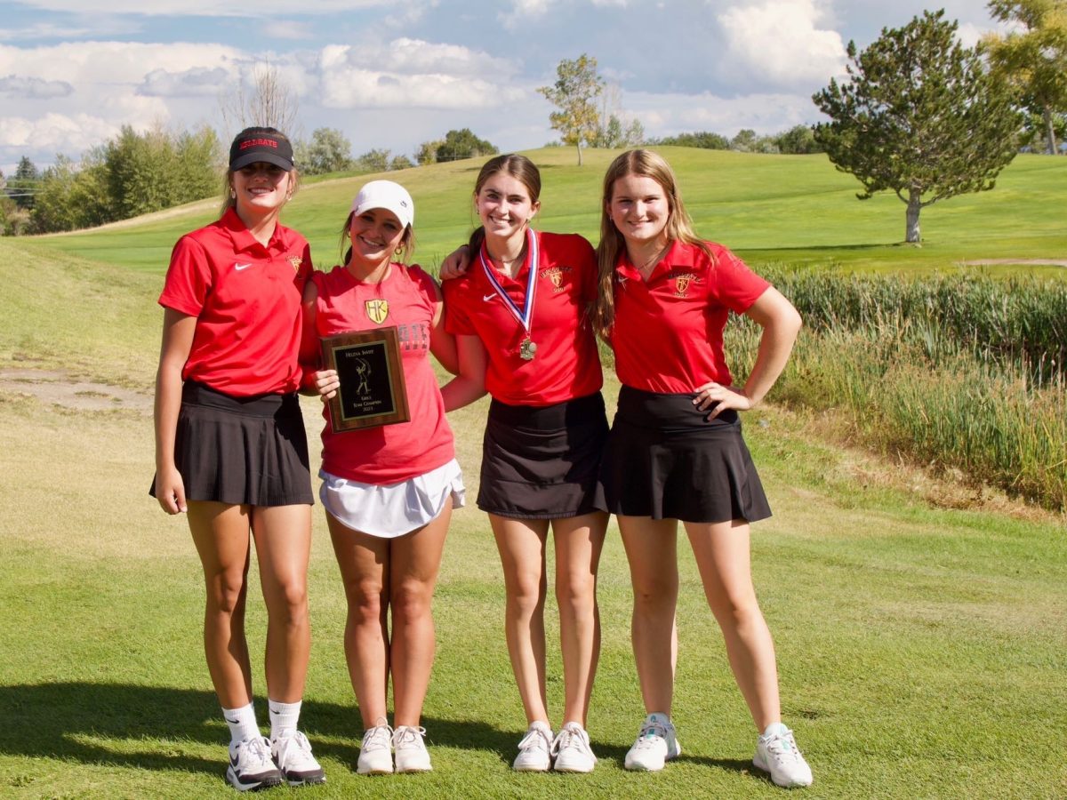 Stensrud pictured in the middle of her teamates earlier this year in Helena. (Pictured left to right) Presley Clark, Landrie Anderson, Anna Stensrud, Cat Helmer  