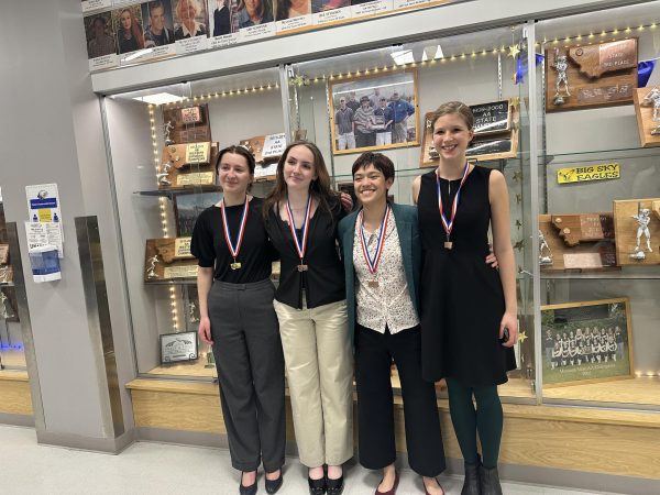 Hellgate Speech team Claire Kinderwater, Claire Gibbons, Quynh Mckevely-Pham, and Maia Fishman-Miller posing with their medals. Photo from Sylvie Semanoff