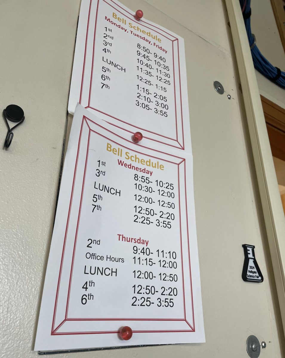 Current Hellgate schedule hangs in many teachers rooms. Photo by Ila