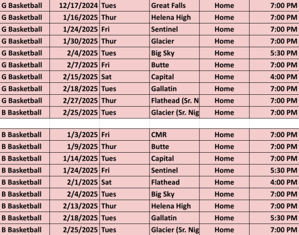 The schedules for the boys (bottom) and girls (top) varsity home basketball games