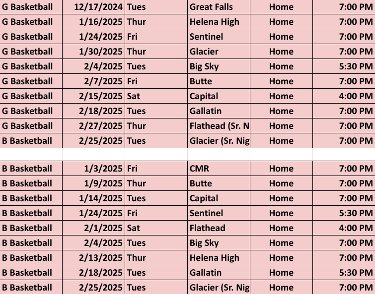 The schedules for the boys (bottom) and girls (top) varsity home basketball games