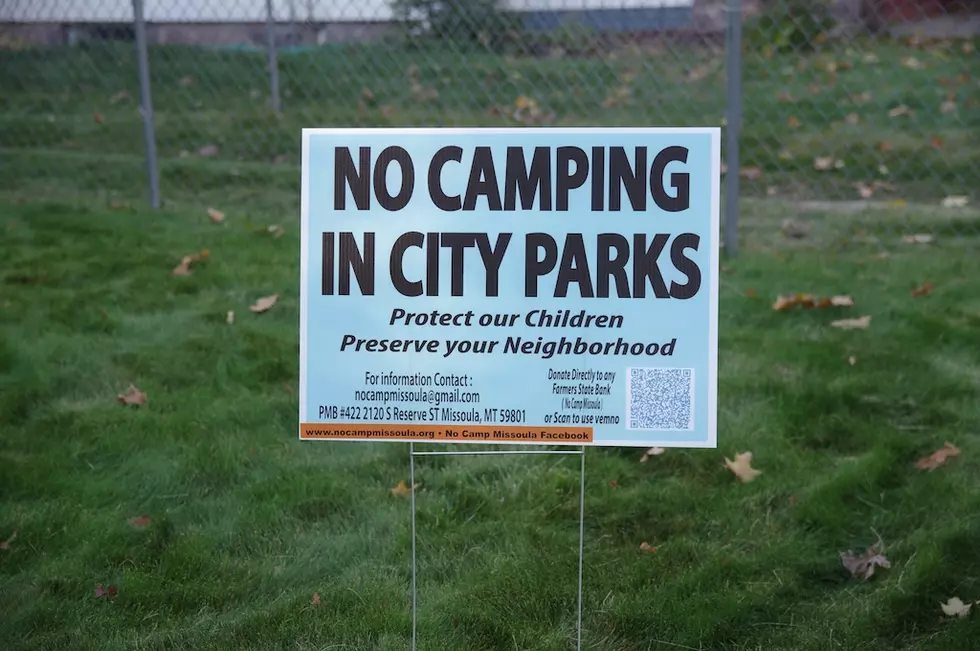 Image of anti-homeless in parks signs posted around Missoula advocating for city legislation, courtesy of Anneliese Bessette