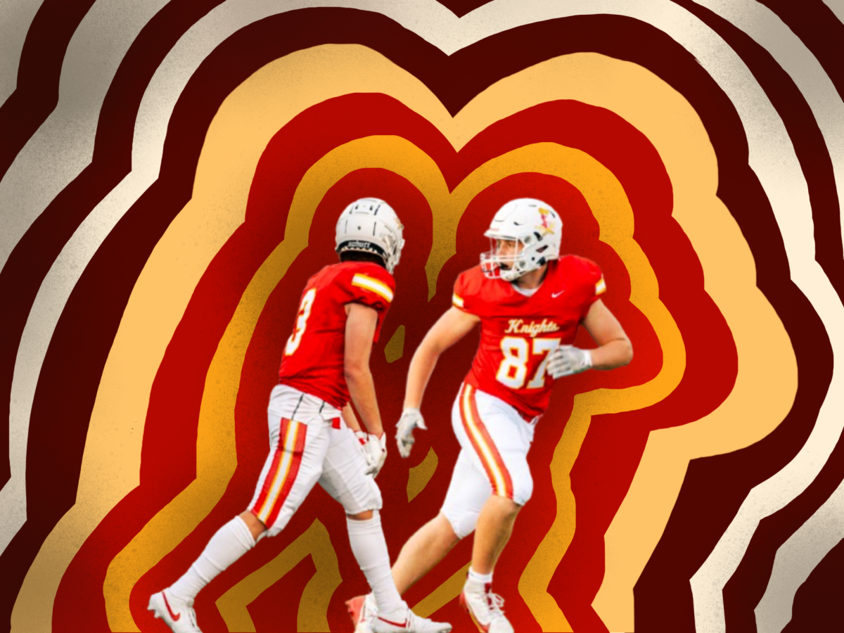 Parker Link (left), and Evan Pyron playing in a football game against Billings West. Photo elements courtesy of Slade Jones. Graphic created by Gus Darty.
