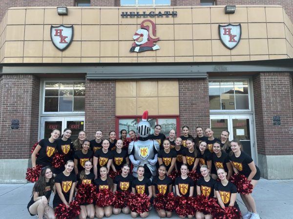 The Hellgate Knights mascot “Knoble the Knight” posing with Hellgate Dance Team at Knoble’s first game appearance. Photo courtesy of Nick Laatsch.