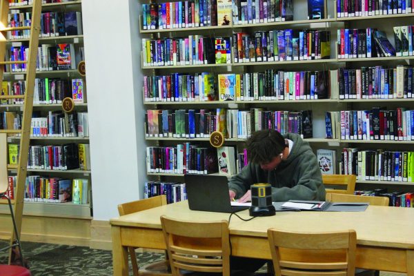 Senior Kaisey Magill hard at work in the library during a free period. Photo by Will Hansen.