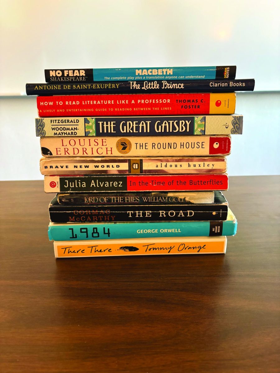 A small sample of the books read cover-to-cover in Hellgate’s English classes. Photo by Ellie Lopuch.