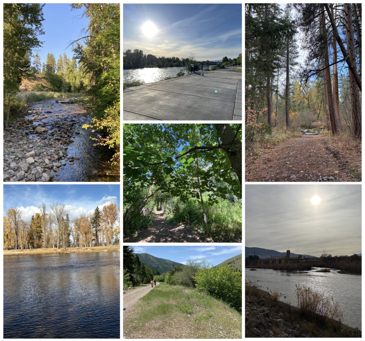 Walking trails around Missoula. Top left - Greenough Park, bottom left - Maclay Flat, top middle - Riverfront Trail, middle - Pineview Park, bottom middle - Kim Williams Trail, right top - Lincoln Wood, bottom right - Caras park. Graphic by Ellie Lopuch.
