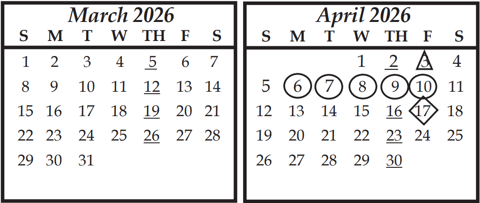 A MCPS calendar view of the High School March and April schedule. Circles show spring break dates, underlined shows early out days, triangle shows end of quarter, and diamond shows Staff Development and Preparation Day (no school). Photo from Missoula County Public Schools.