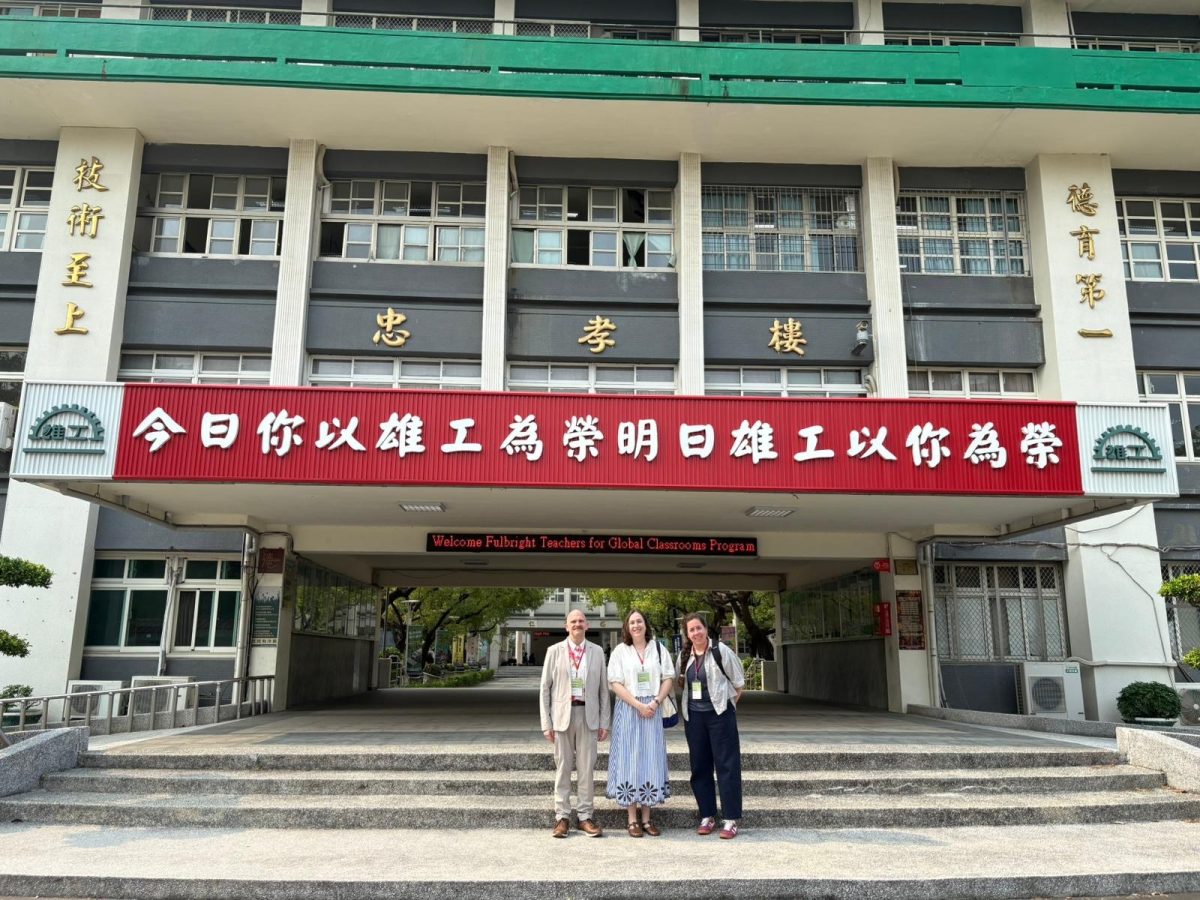 Hannah Pepper and 2 other teacher participants outside of the Kaohsiung Industrial High School in South Taiwan. Photo courtesy of Hannah Pepper.